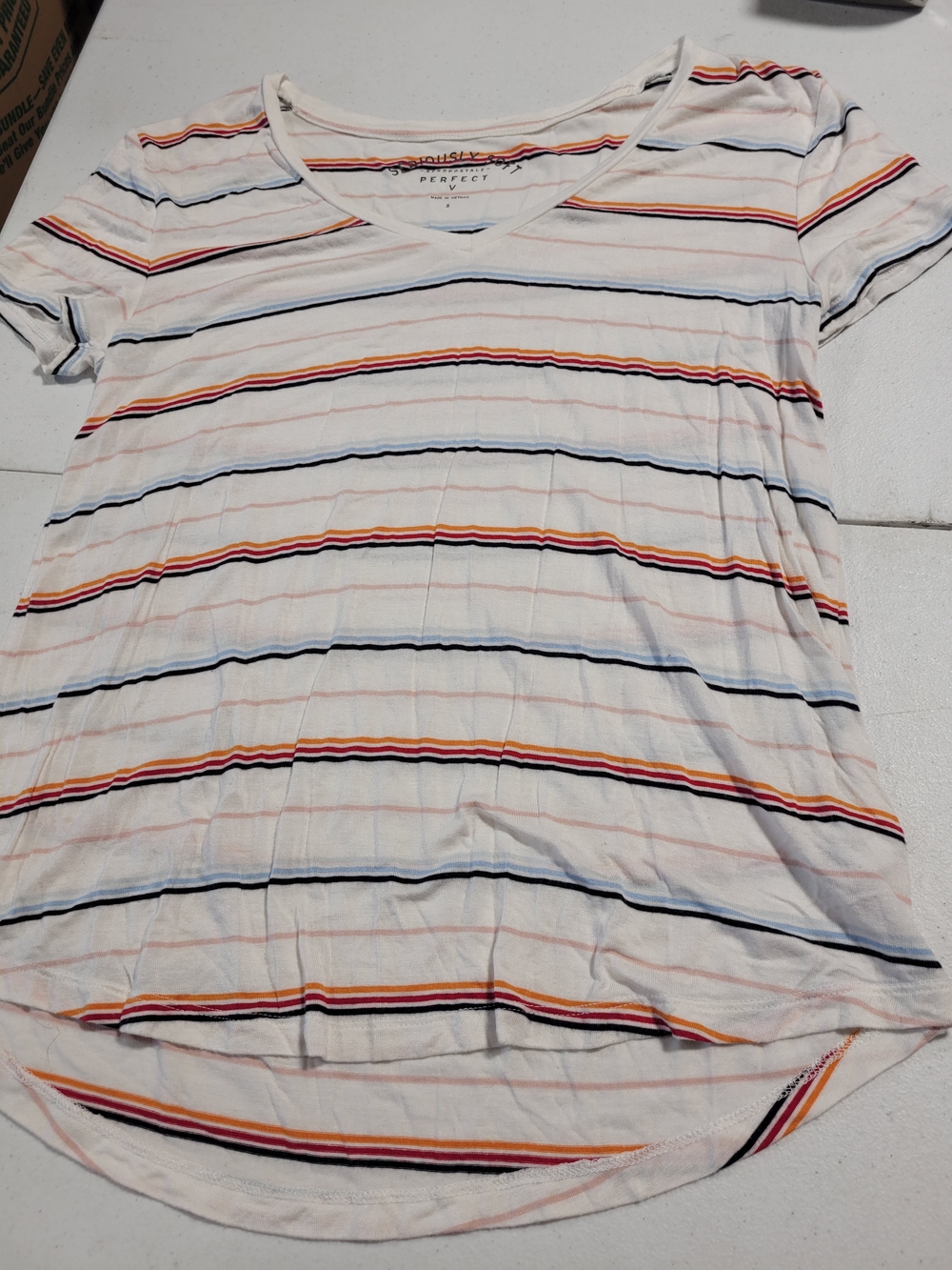 Aeropostale White V-Neck Short Sleeve Tee with Navy, Red and Orange Stripes